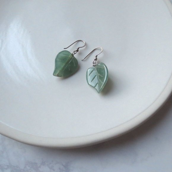 Beautiful Handmade Sterling Silver and Aventurine Gemstone Carved Leaf Earrings - Picture 6 of 6